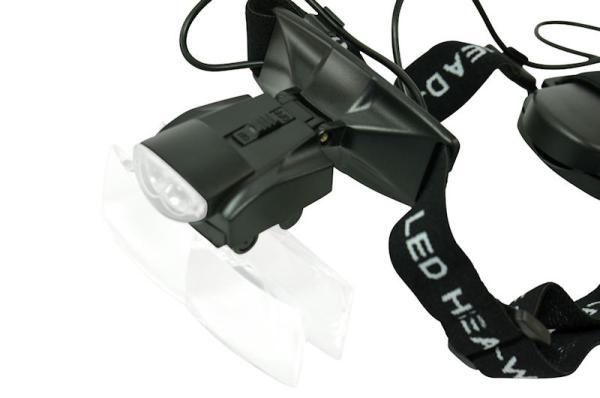 Kopfbandlupe, flexibles Kopfband, Linsen für 1x bis 6x, 2 LED